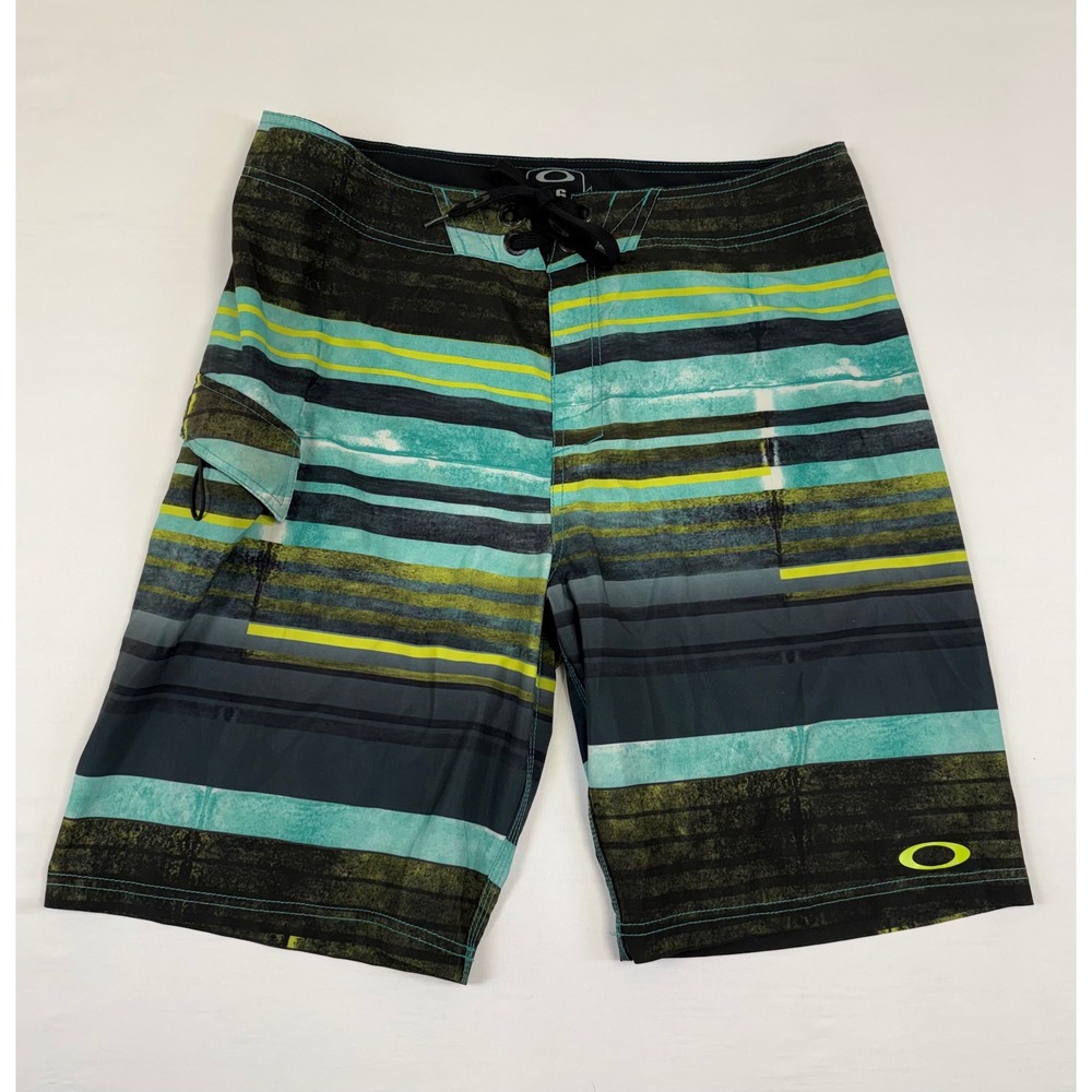 Oakley Men's Striped Board Shorts Black Teal Neon Yellow Size 36